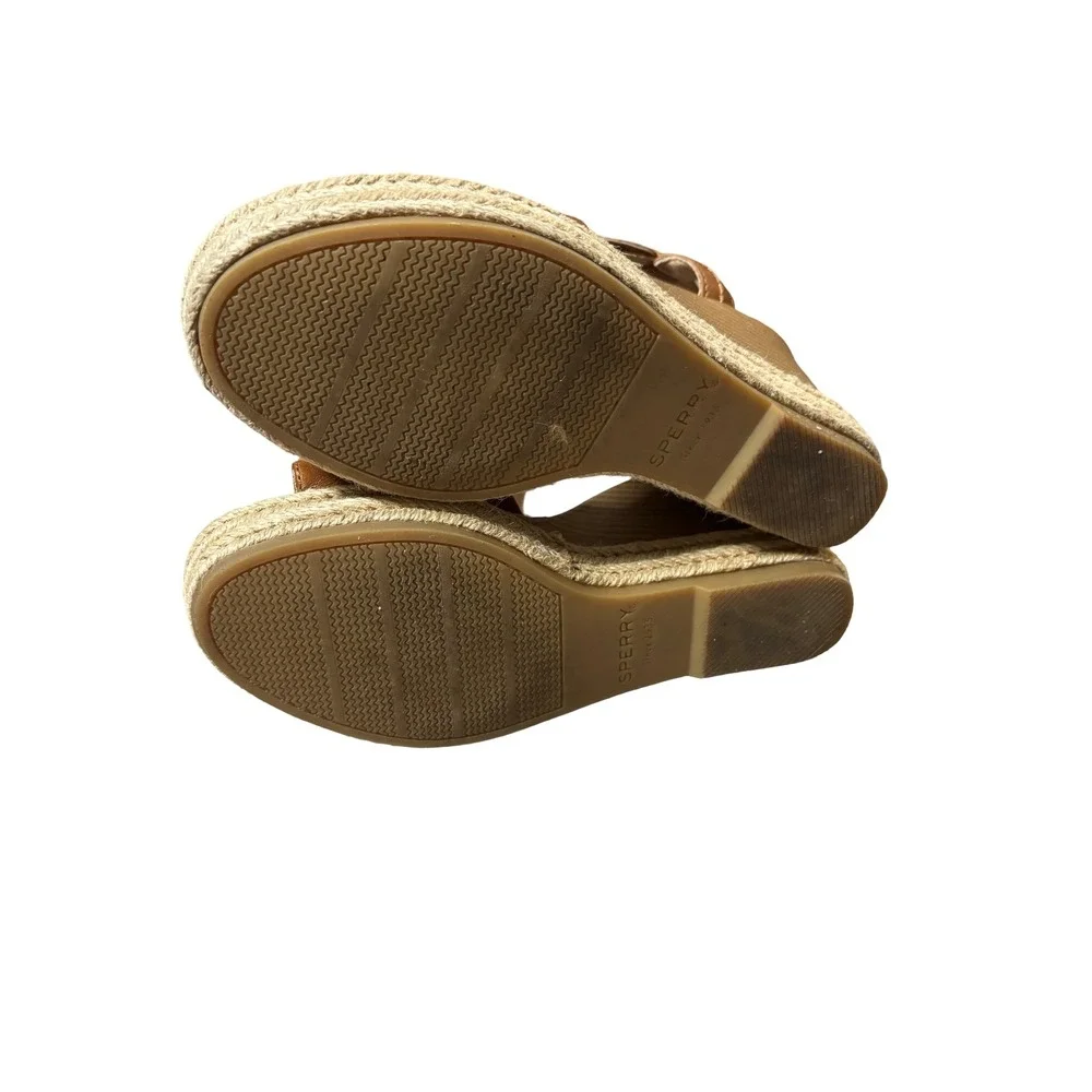 Sperry Plushwave Leather Espadrille Wedge Sandals Size 7M Tan STS85108